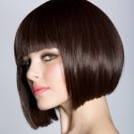 womens short dark hair bob cut with straight bangs