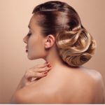 womens warm bronzed hair colour formal updo dark blonde