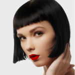 women short black blunt bob cut with straight bangs